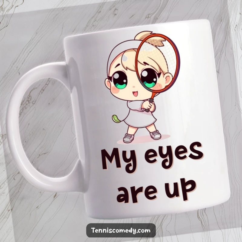 Funny mug: a character with comically oversized eyes playfully swinging a tennis racket, depicting energetic enthusiasm for tennis.