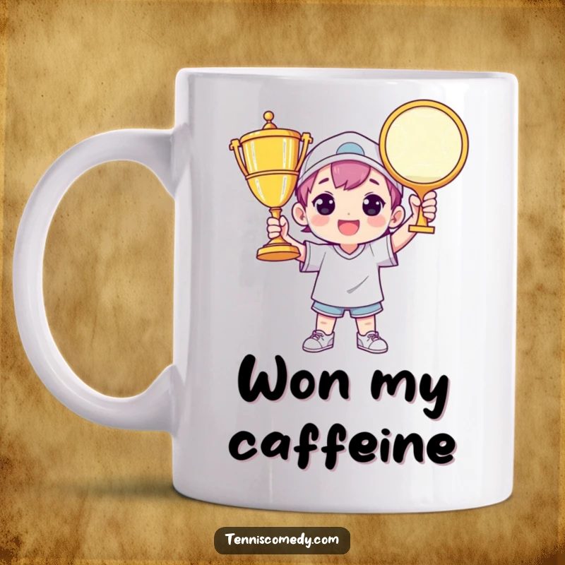 Funny tennis mug showing a character triumphantly holding a giant tennis trophy, celebrating a major win with pride.