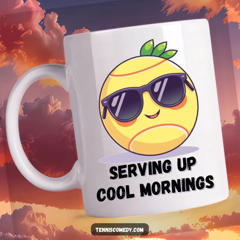 Funny tennis ball wearing sunglasses, relaxing on a court, depicted on a mug, conveying a cool and humorous vibe.