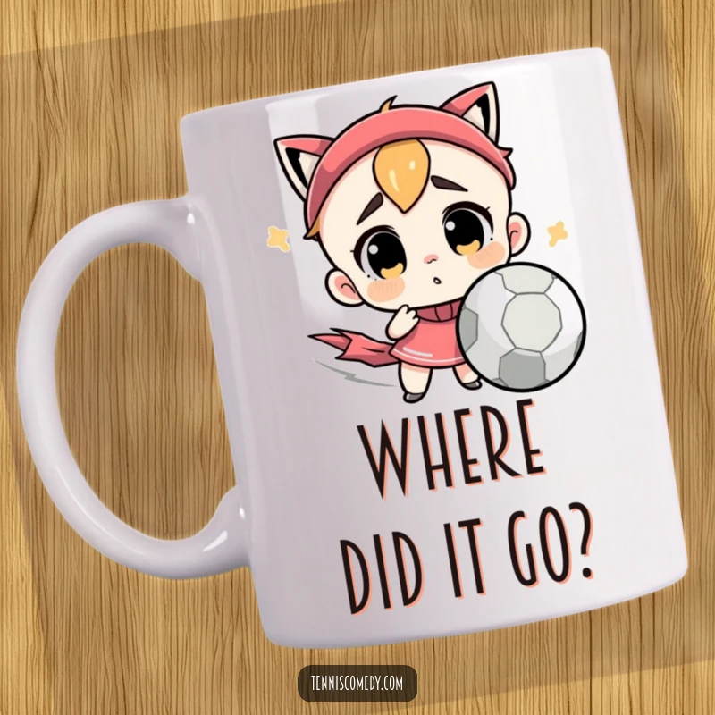 Funny mug with a cute character looking confused by a very fast tennis ball. Perfect humorous gift for players.