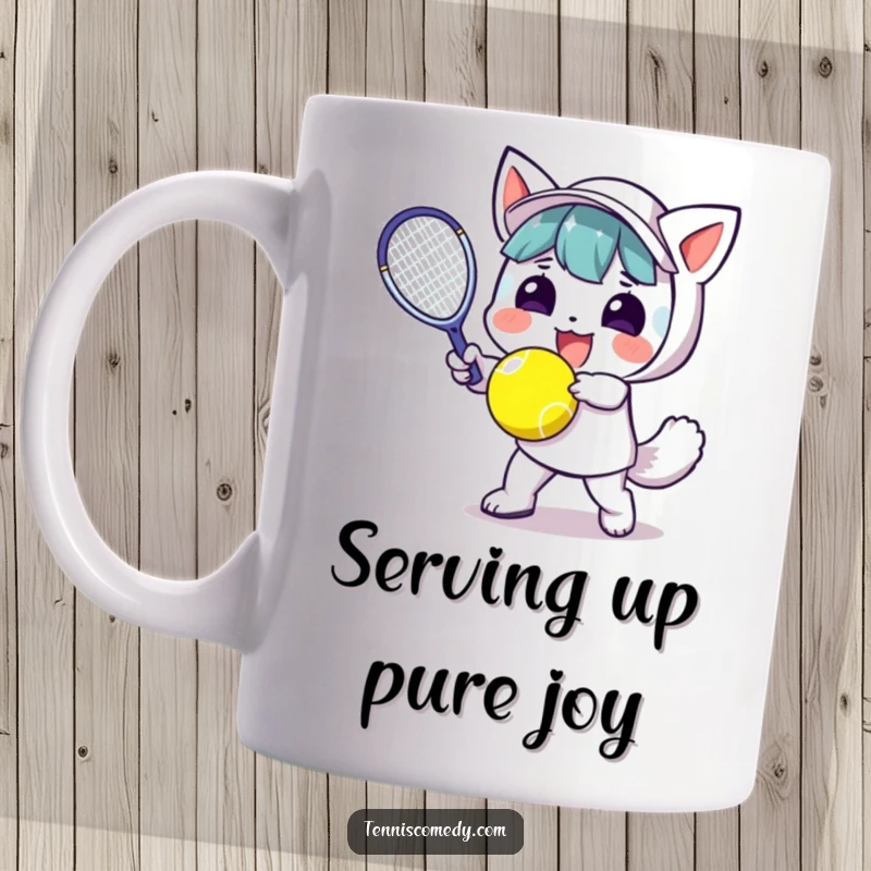 Funny Kawaii Tennis Mug: Cute character powerfully swings a tennis racket, exuding pure joy and athletic enthusiasm on the court.
