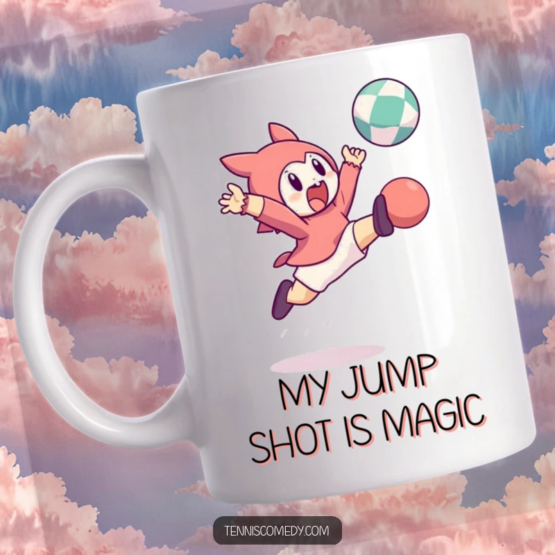 Funny mug: a character captured mid-air, leaping high to strike a bouncing ball with determination and excitement.