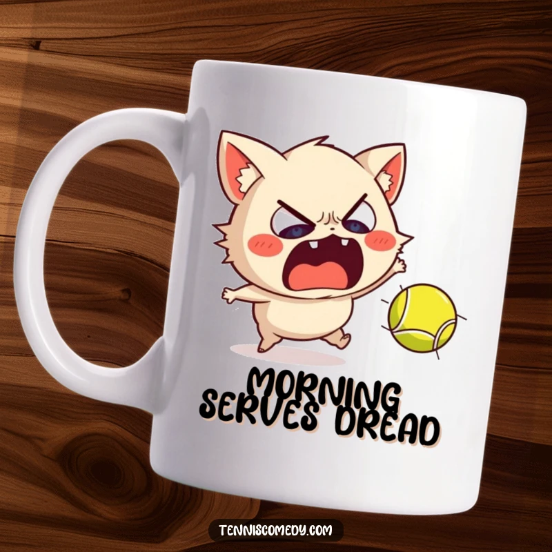 Funny mug showing a scared Staffordshire recoiling dramatically from a fast-moving tennis ball, capturing hilarious panic.