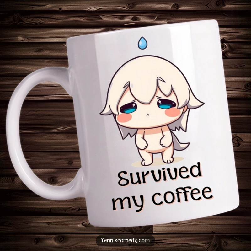 Funny Mug featuring a character with a comically large sweat drop flying from its brow, expressing relatable stress and hard work.