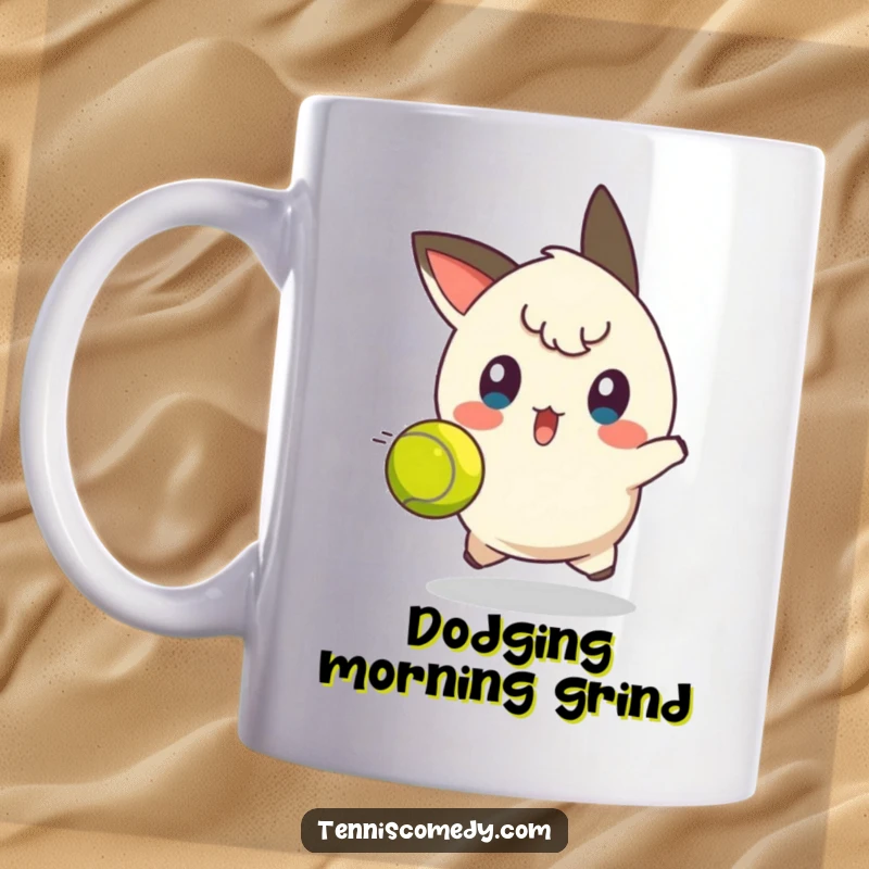 Funny tennis dodge mug showing a character with a surprised expression, eyes wide, narrowly avoiding a fast-moving tennis ball.