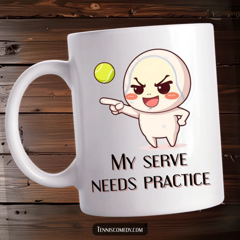 Funny mug, character pointing at tennis ball with mischievous grin, playful and cheeky expression, perfect for tennis enthusiasts.