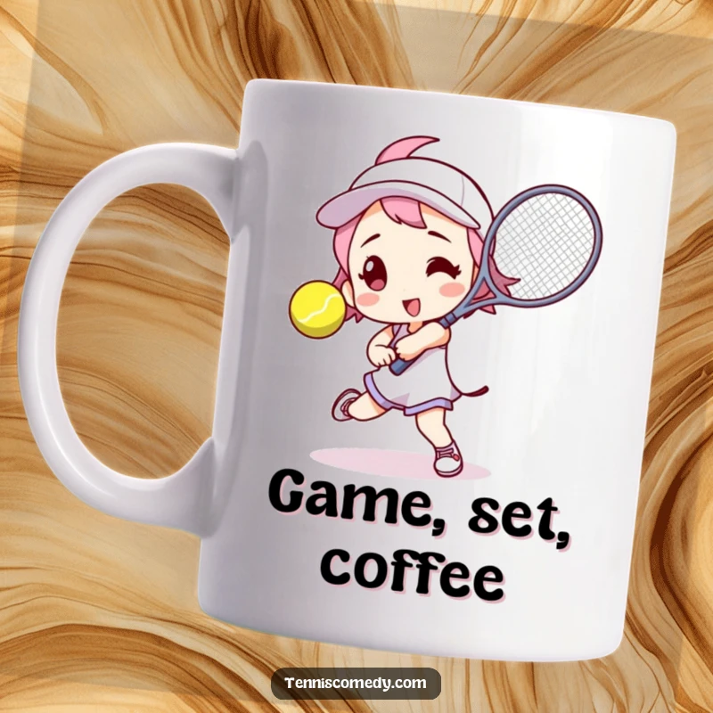 Funny tennis player mug featuring a character mid-swing, ready to hit a tennis ball with a racket; action-packed and humorous.