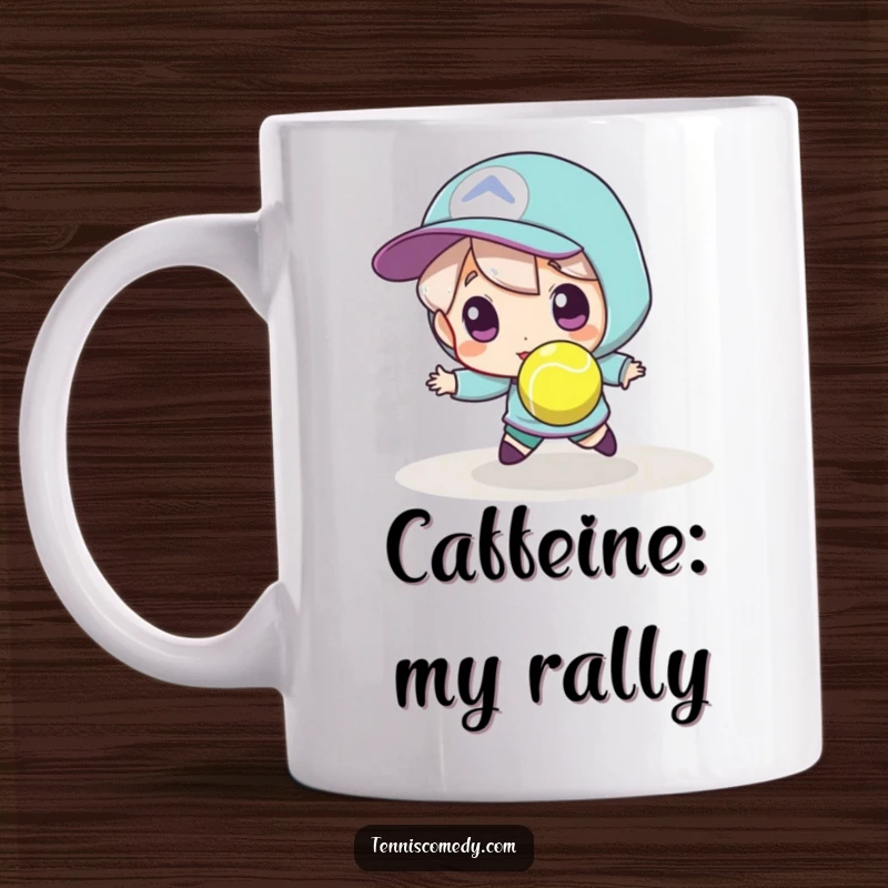 Funny tennis mug, character leaping to catch a tiny, fast tennis ball, dynamic and humorous sports illustration.