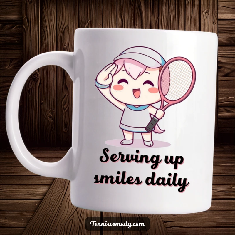 Funny Mug featuring a Kawaii character beaming while saluting with a tennis racket, ready for a match.