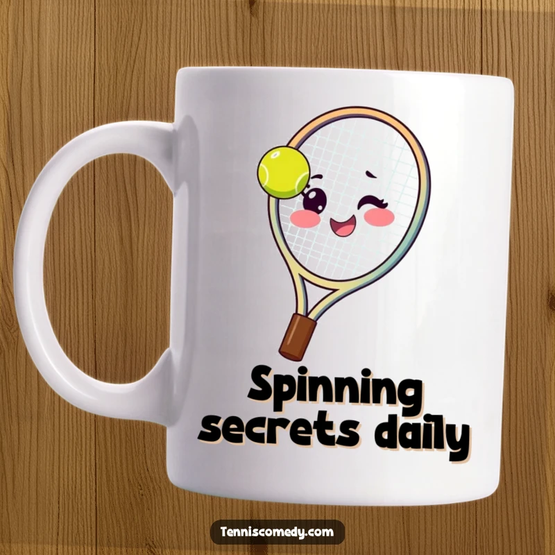 Funny tennis racket mug features a happy tennis racket expertly spinning a ball on its strings with a playful wink.