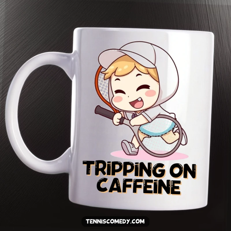 Funny tennis tripper mug showing a character playfully tripping over a tennis racket, wearing a goofy smile; highlights clumsy humor.