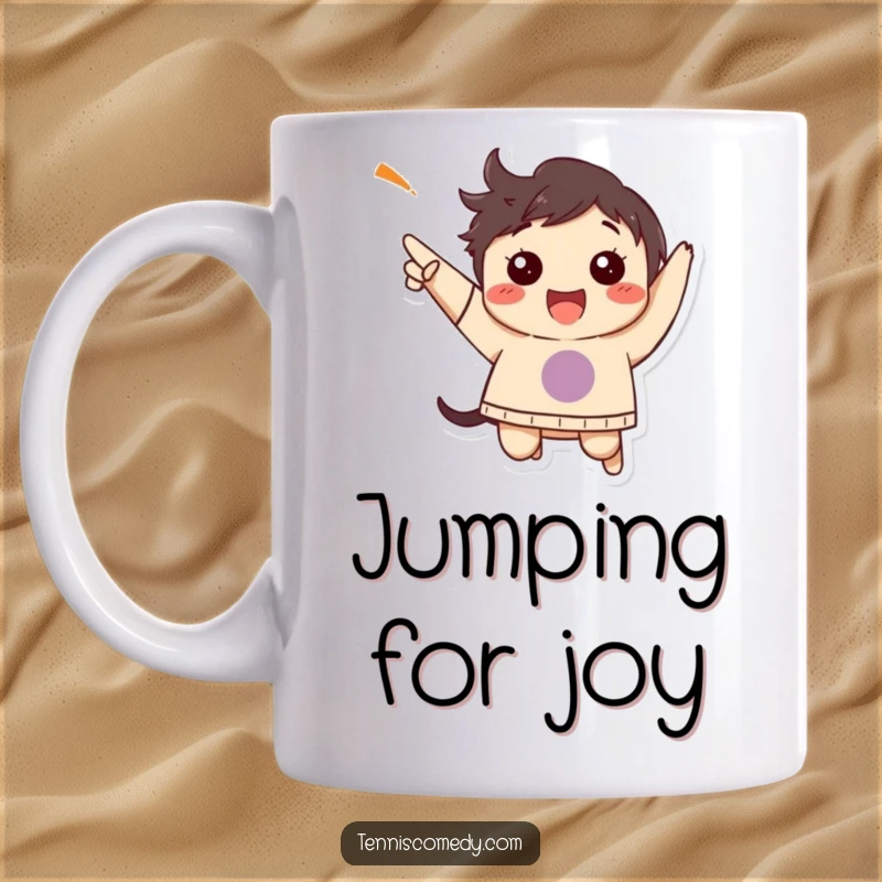 Funny mug shows a character leaping in the air with pure elation, celebrating a triumphant point.
