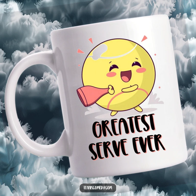 Funny mug showing a kawaii character joyfully smacking a huge tennis ball with a racket, full of glee.