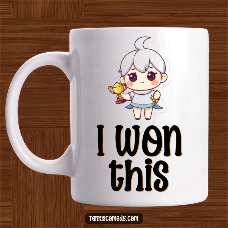 Funny mug with a cute character proudly holding a tiny trophy after a tennis win. Perfect humorous celebration gift.
