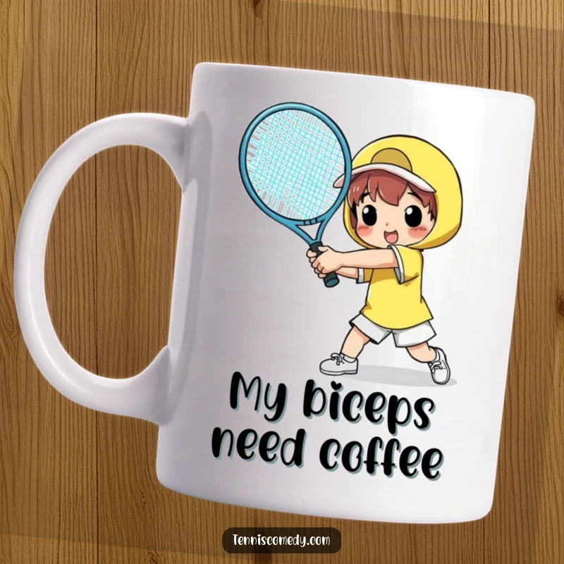Funny mug showing a cartoon character comically swinging a comically giant tennis racket with exaggerated effort and a determined expression.