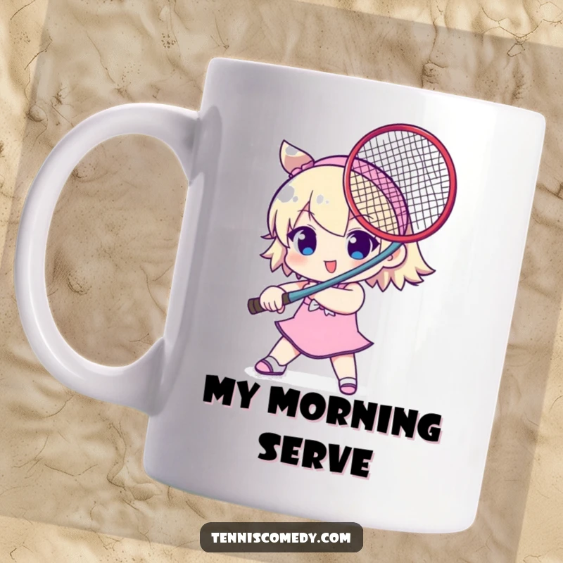 Funny mug showcasing a cute character playfully wielding a tennis racket as a sword, ready for action. Humorous tennis gift idea.