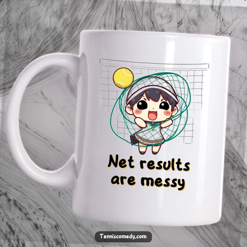 Funny tennis mug showing a character hilariously tangled and stuck in a tennis net, a comedic sports mishap.