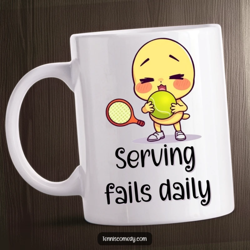 Funny mug showing a character comically failing to serve a tennis ball with a hilarious, exaggerated face, making a great gift.