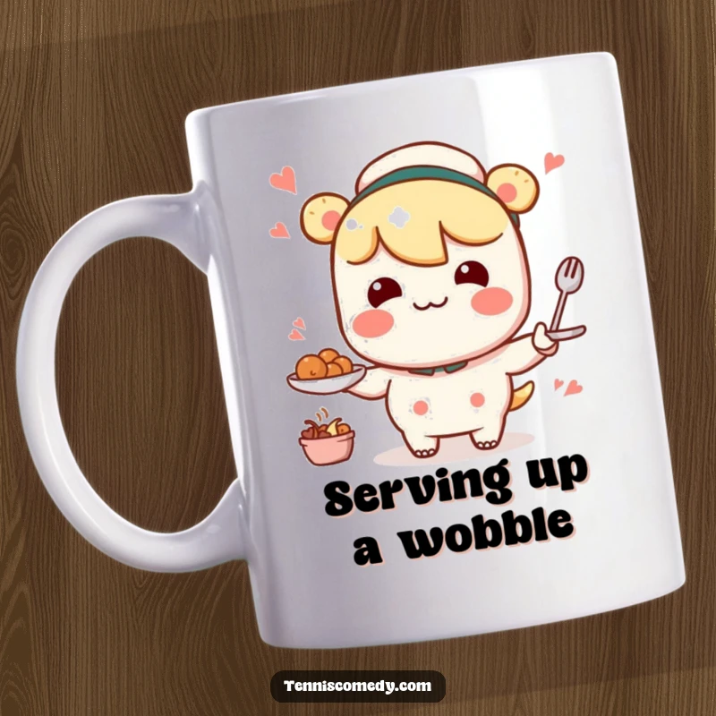 Funny Kawaii character mug depicting a comical, wobbly serving motion, perfect for those who appreciate a bit of delightful chaos.