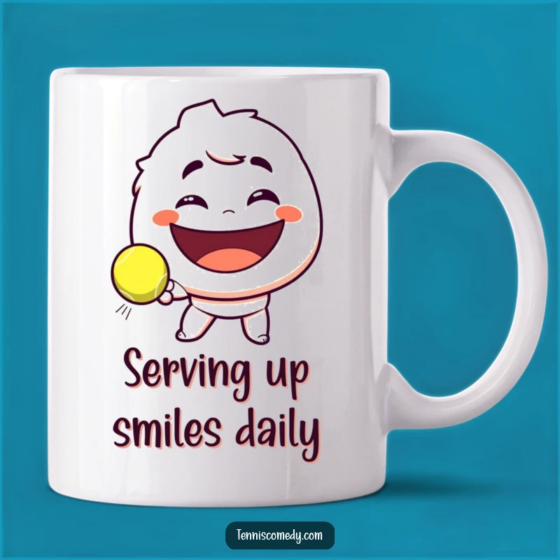 Funny Tennis Smash Mug: Playful Smirk Character Serving Hilarious Joyful Tennis Gift