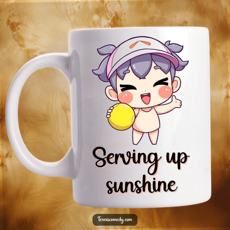 Funny character mug serving a tennis ball with a goofy wink, depicting playful confidence, perfect for sports fans.