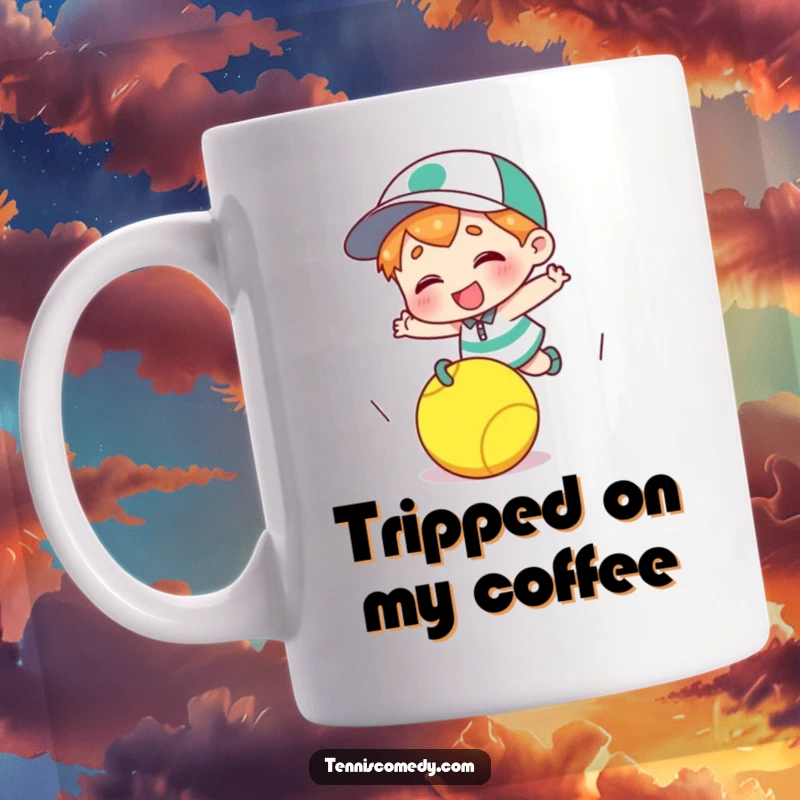 Funny character mug tripping over a tennis ball with a giggle, depicting clumsy humor, perfect for lighthearted fans.