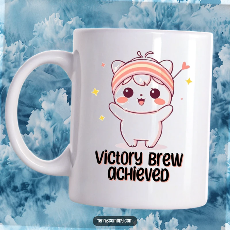Funny Kawaii character mug featuring a tiny sweatband and a celebratory pose, radiating pure joy and victory.