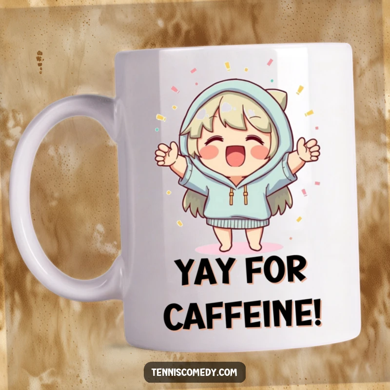 Funny celebration mug, character enthusiastically cheering, tiny confetti falling, festive, joyful, perfect gift for party lovers.