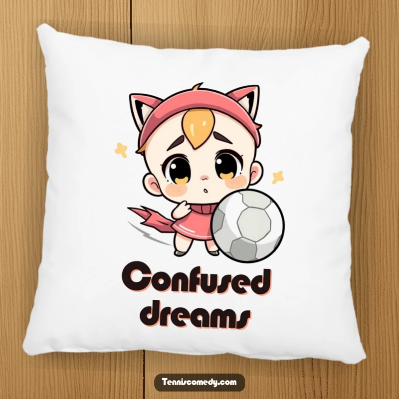 Funny pillow with a cute character looking confused by a very fast tennis ball. Cozy and humorous decor.