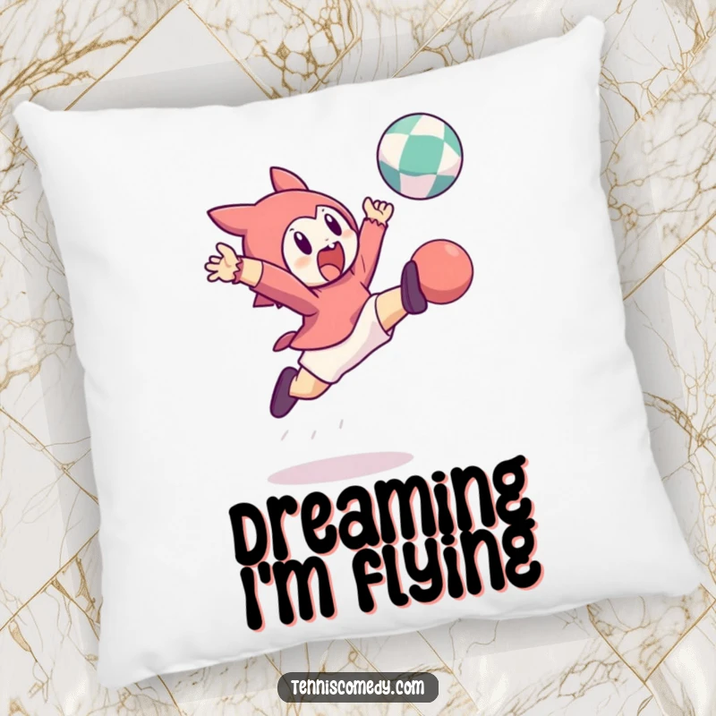Funny pillow design: a character leaping high to hit a bouncing ball. Soft, comfortable, and action-packed.