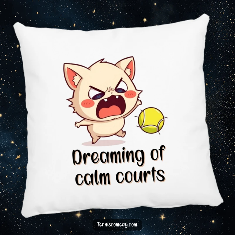 Funny pillow featuring a scared Staffordshire character dramatically recoiling from a fast-moving tennis ball, offering soft, humorous comfort.