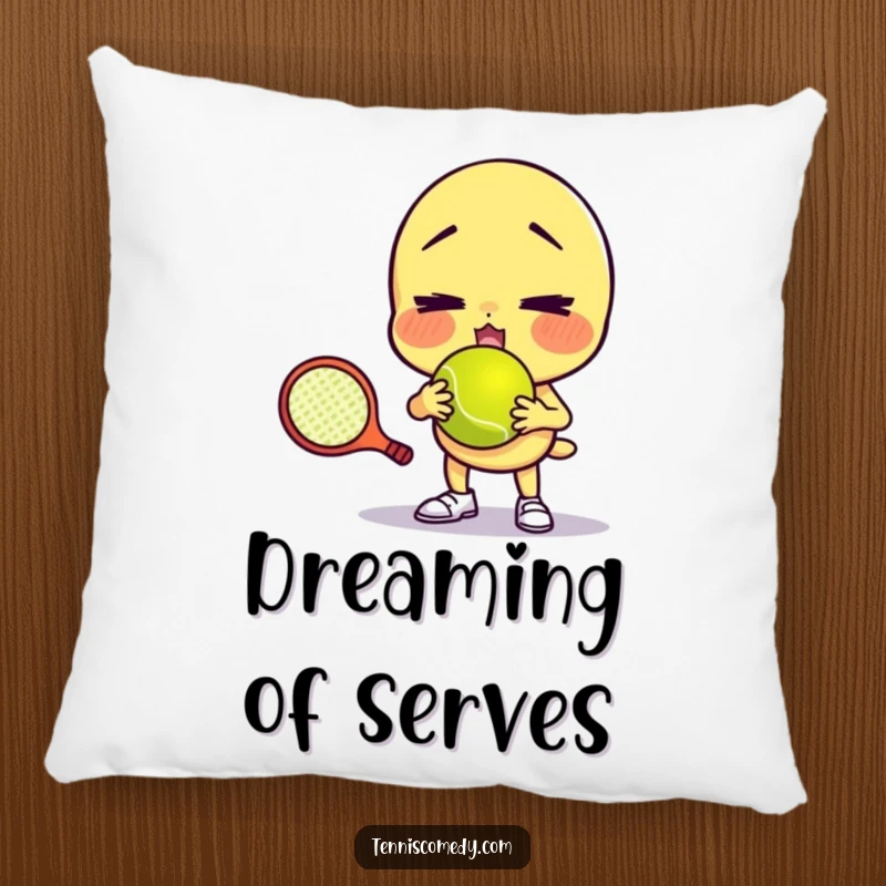 Funny pillow featuring a character comically failing to serve a tennis ball with a funny face, offering comfort and humor as a gift.