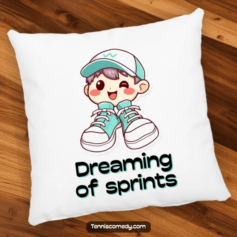 Funny Kawaii character pillow featuring oversized tennis shoes and a cheerful grin, adding comfort and humor to any space.