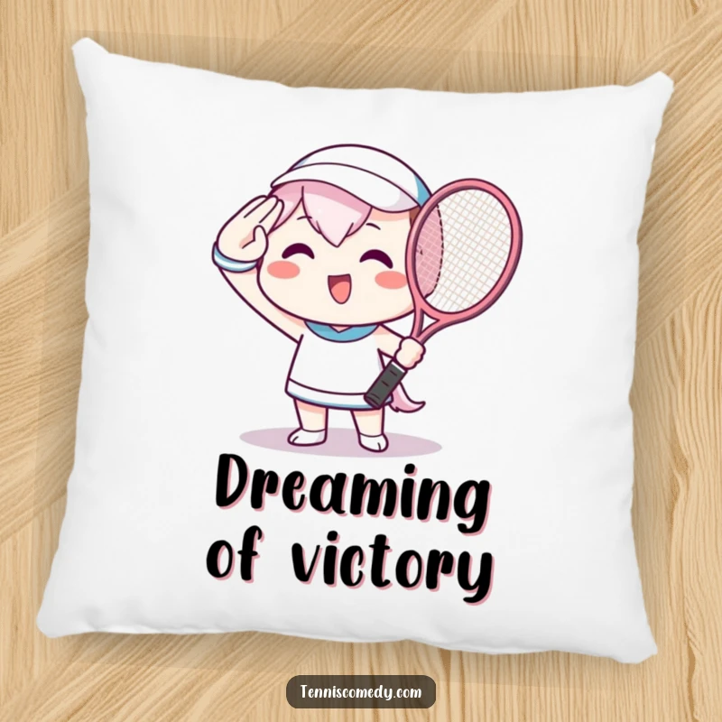 Funny Pillow featuring a Kawaii character beaming as they salute with a tennis racket, offering comfort and style.