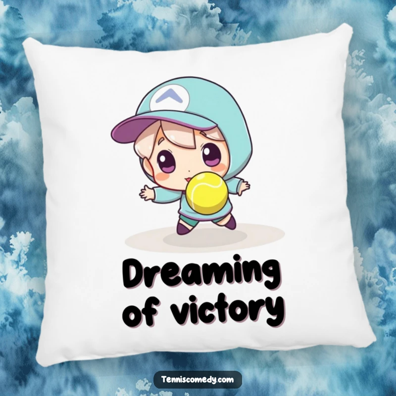 Funny tennis pillow, soft cushion, featuring a player lunging for a tiny, incredibly fast tennis ball, comfortable and amusing.