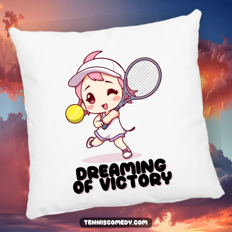 Funny tennis player pillow featuring a character in an action pose, ready to hit a tennis ball, adding comfort and humor.