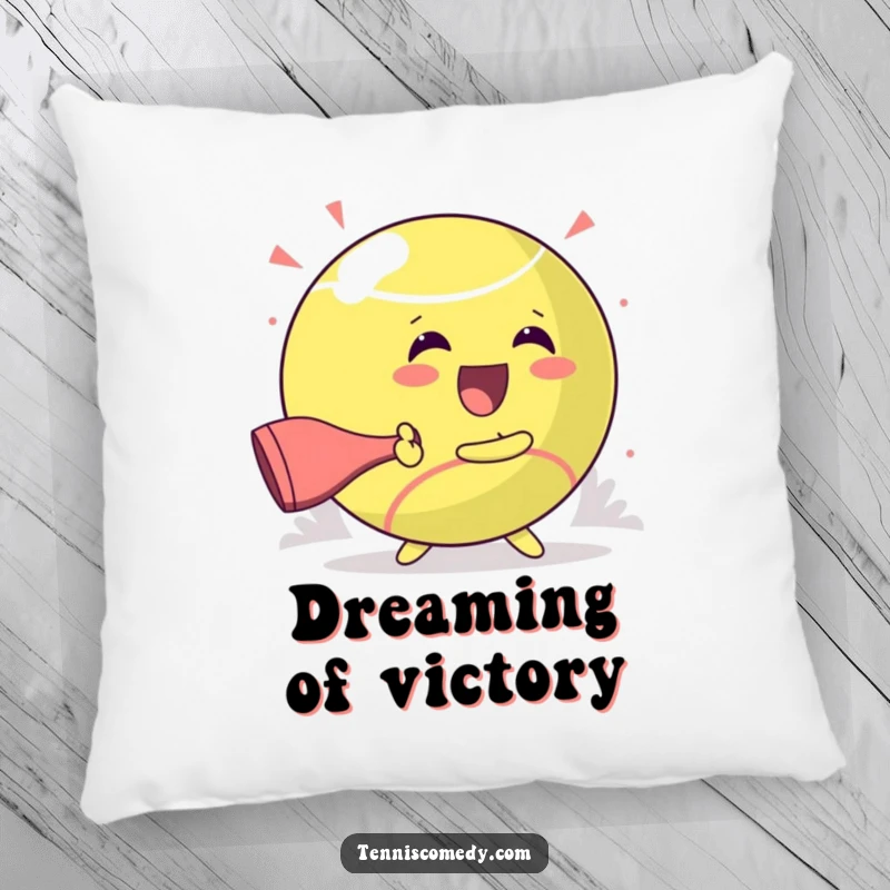 Funny decorative pillow showcasing a kawaii character joyfully hitting a giant tennis ball, perfect for cozy, happy spaces.