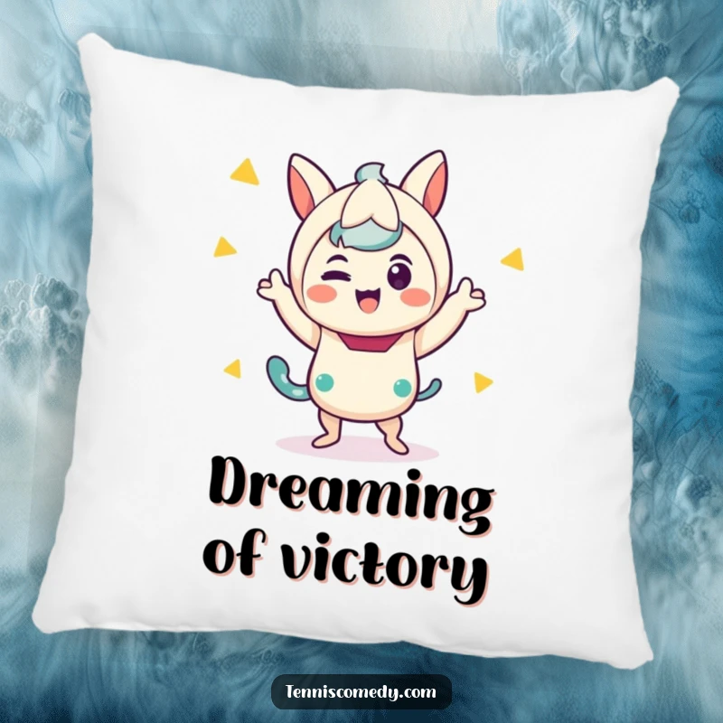Funny pillow displaying a charming kawaii character in a hilarious, wild victory dance pose, perfect for cozy vibes.