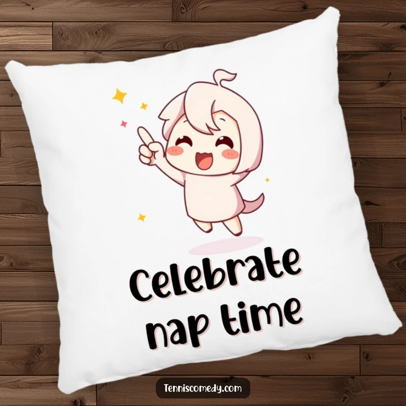 Funny cute character pillow, dancing happily to celebrate a point, full of infectious celebratory energy.