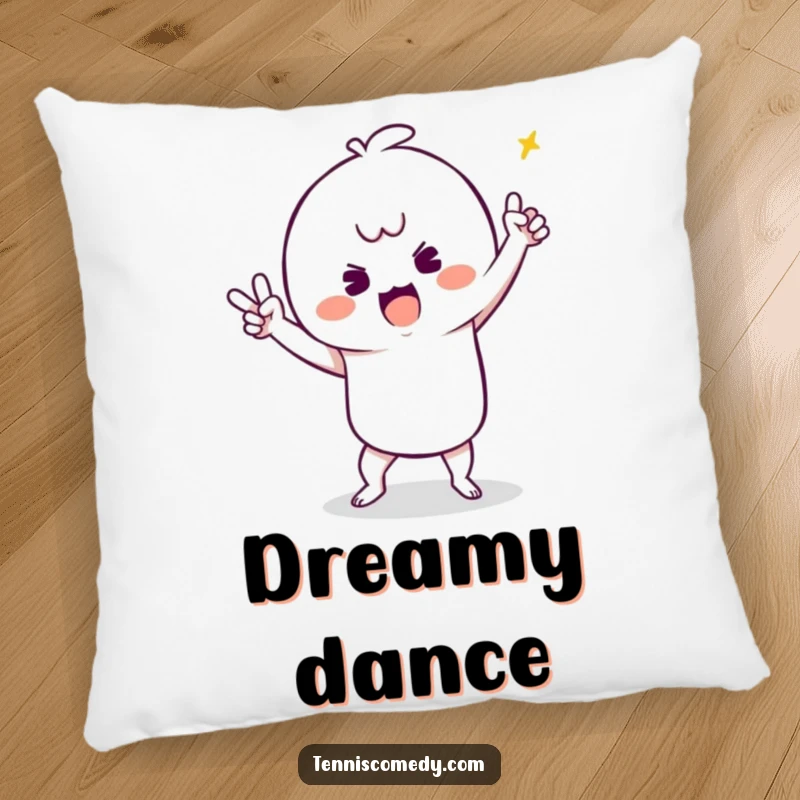 Funny decorative pillow with a kawaii tennis player performing a silly victory dance, perfect for cozy, happy spaces.