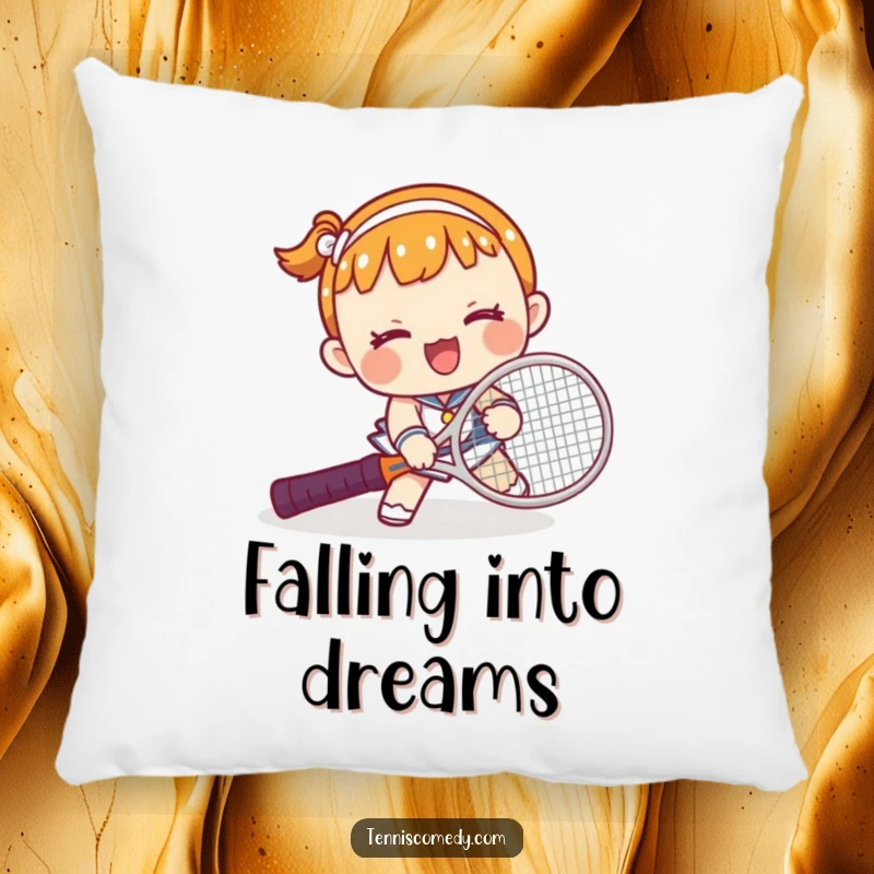 Funny Kawaii Tennis Trip Pillow: A cute character comically tripping over a tennis racket, providing comfort and humor for any room.