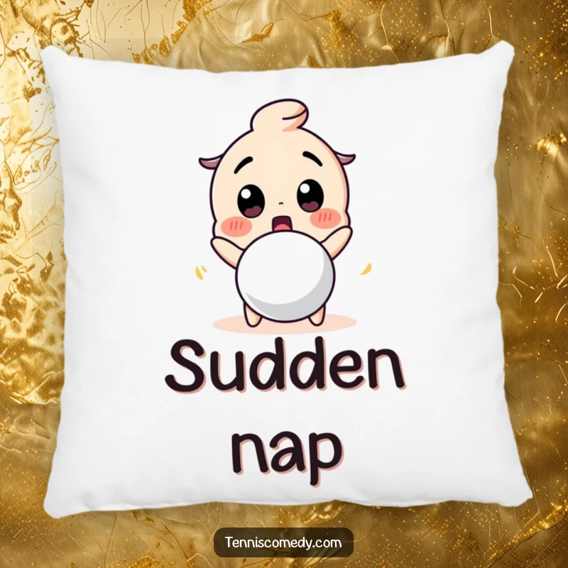 Funny pillow with a cute character making a surprised face at a bouncing tennis ball. Cozy and humorous decor.
