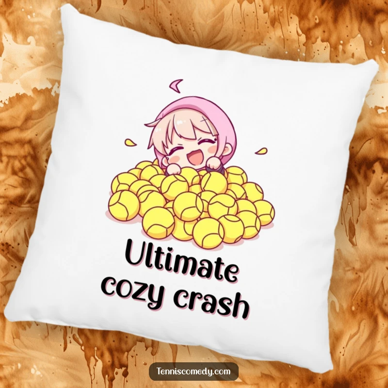 Funny pillow depicting a character comically falling into a mountain of tennis balls, offering comfort and a humorous visual for any room.