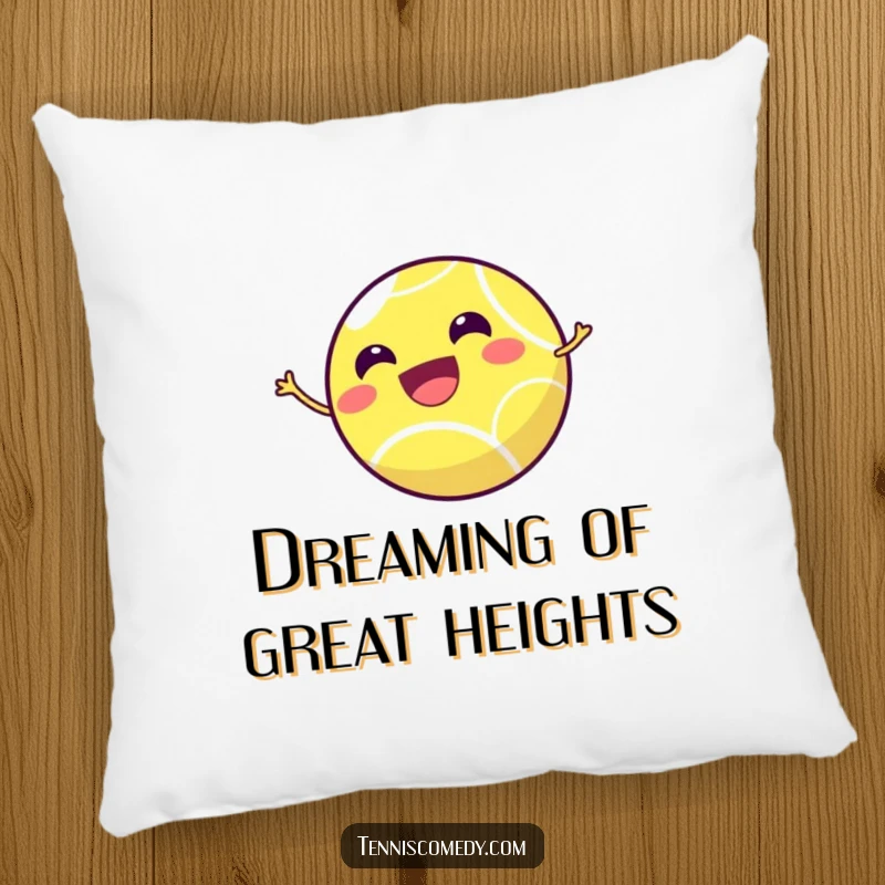 Funny tennis ball pillow featuring a smiling tennis ball joyfully bouncing high, offering a soft and playful accent.