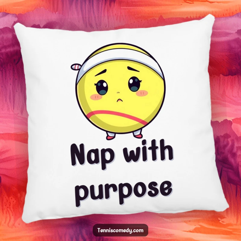 Funny tennis ball pillow featuring a determined tennis ball comically wearing a tiny sweatband, offering a soft and motivational accent.