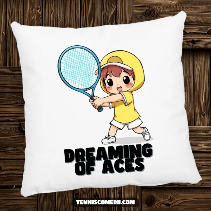 Funny pillow featuring a character comically swinging a giant tennis racket, offering comfort and a humorous visual for any living space.