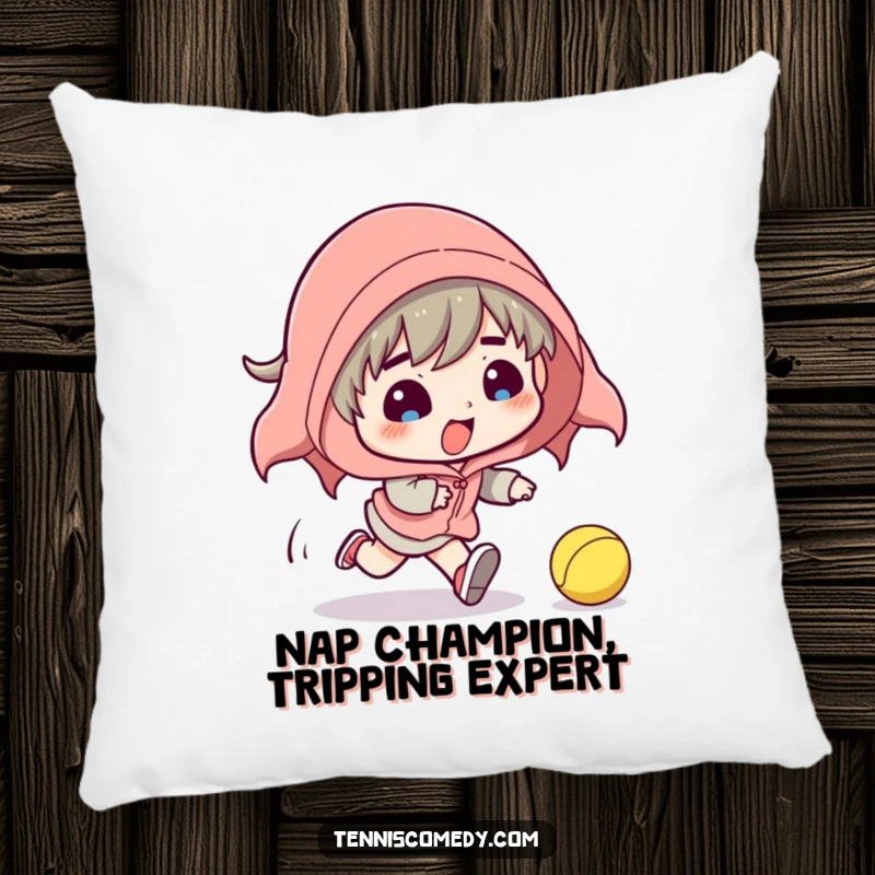 Funny pillow with a cartoon tennis player hilariously tripping during a chase for a runaway tennis ball. Soft and comical decor.