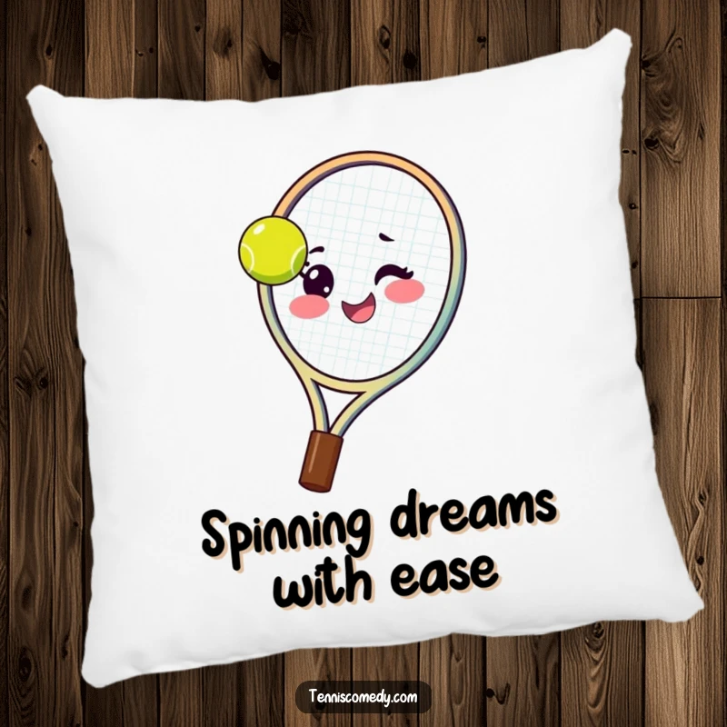 Funny tennis racket pillow featuring a happy racket spinning a ball on its strings with a wink, offering a soft and playful accent.
