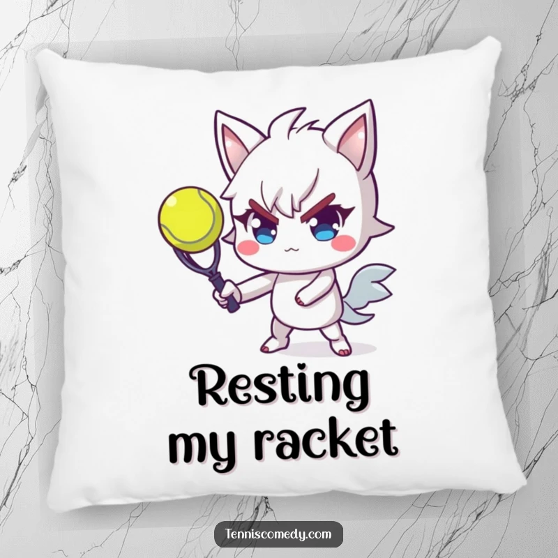 Funny tennis pillow showing a determined character with flair, poised to serve a tennis ball, adding comfort and humor to any space.