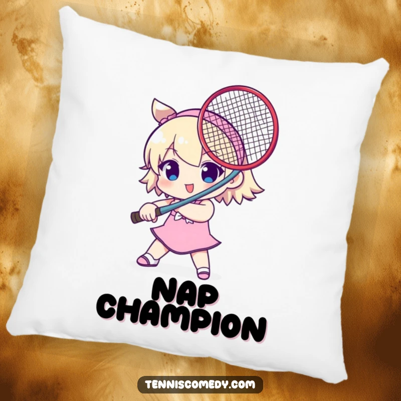 Funny pillow showing a cute character using a tennis racket as a sword, offering playful decor and cozy humor.